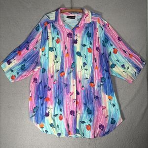 Vintage Cherry Creek Women Size 2X Button Up Blouse Watercolor Art to Wear Flowy